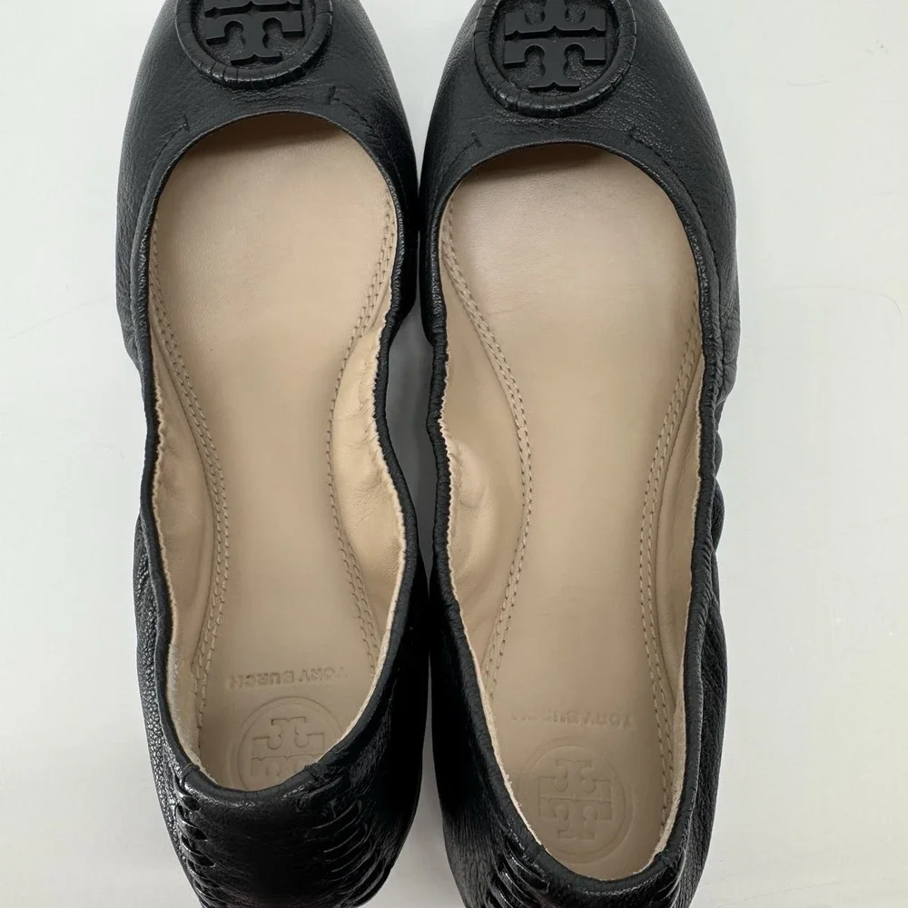 Tory Burch Reva Ballet Flats Black Leather Logo Medallion Women's 7.5 Classic